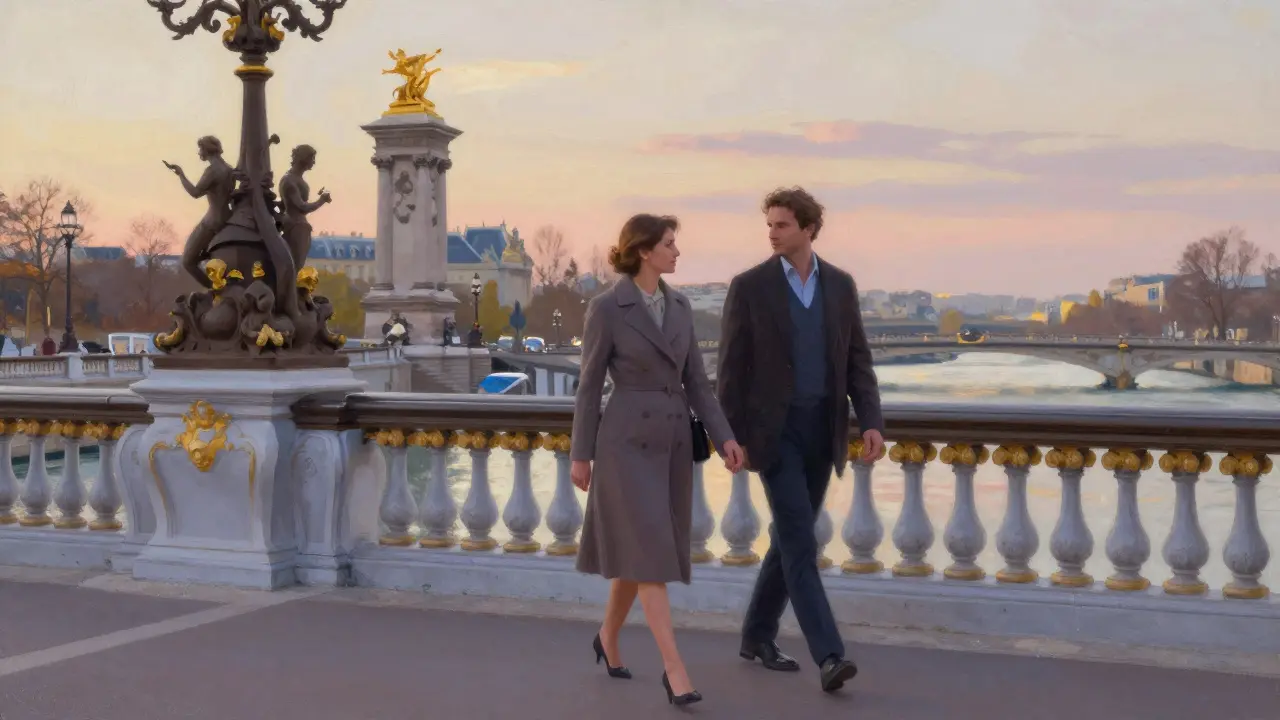A woman and man walk peacefully along Pont Alexandre III at sunset, the Seine reflecting golden light.