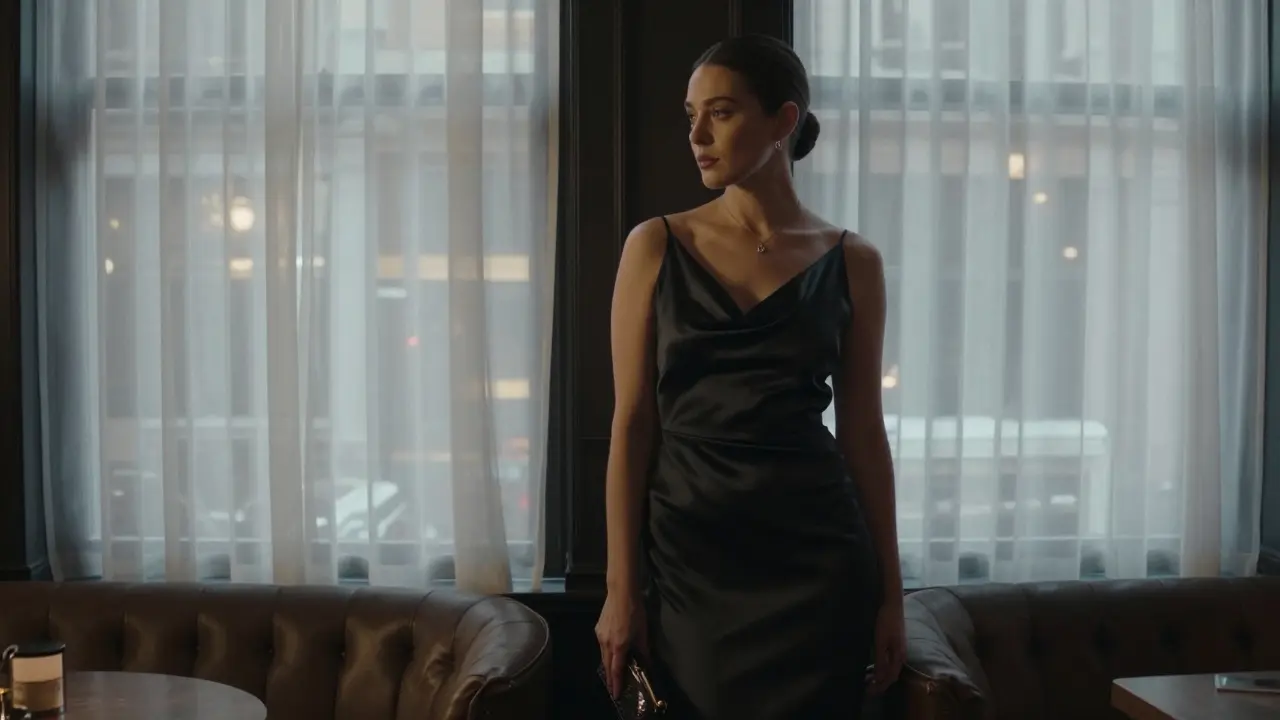A woman in a black silk dress with minimal accessories, standing elegantly in a dimly lit London lounge.