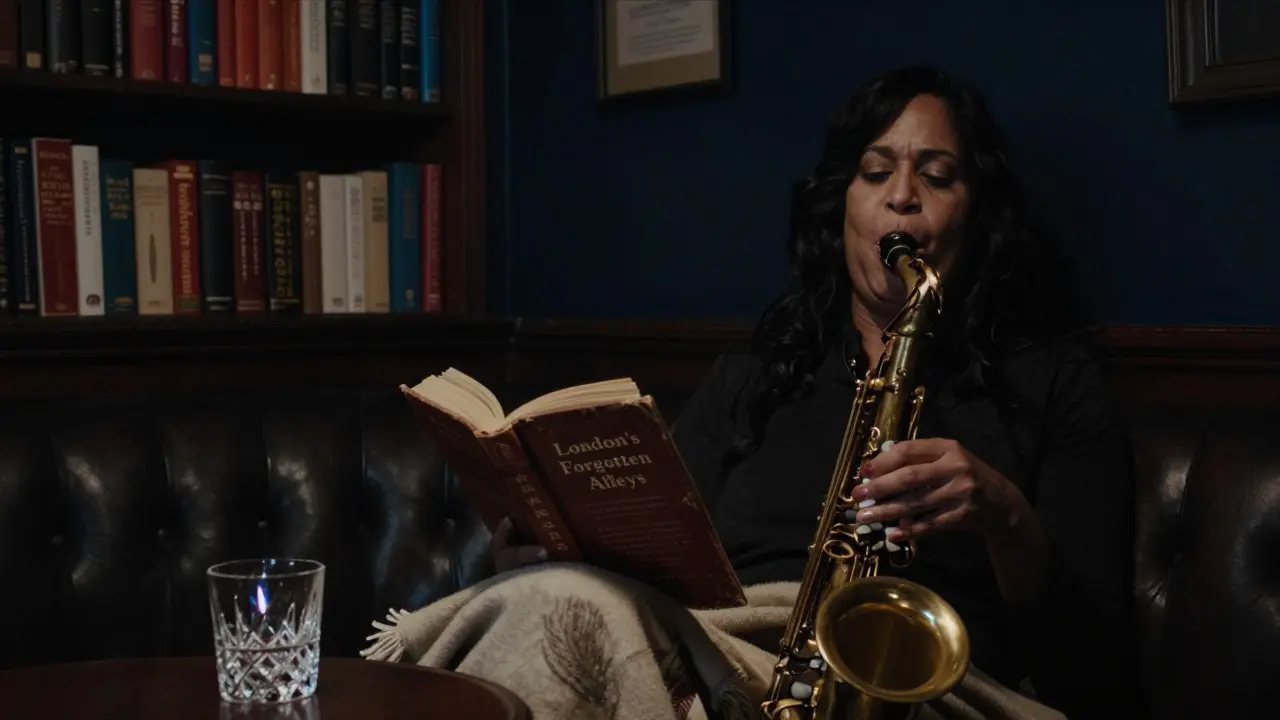 A woman listening to a saxophonist in a hidden Soho jazz bar, wrapped in a cashmere blanket beside a leather-bound book.