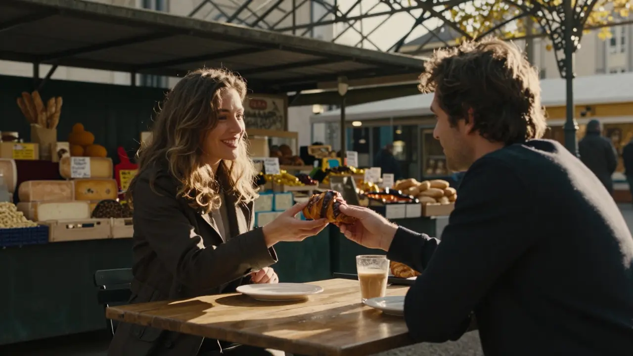 A woman offers a croissant to a man at a bustling Parisian market, golden light highlighting their quiet moment together.