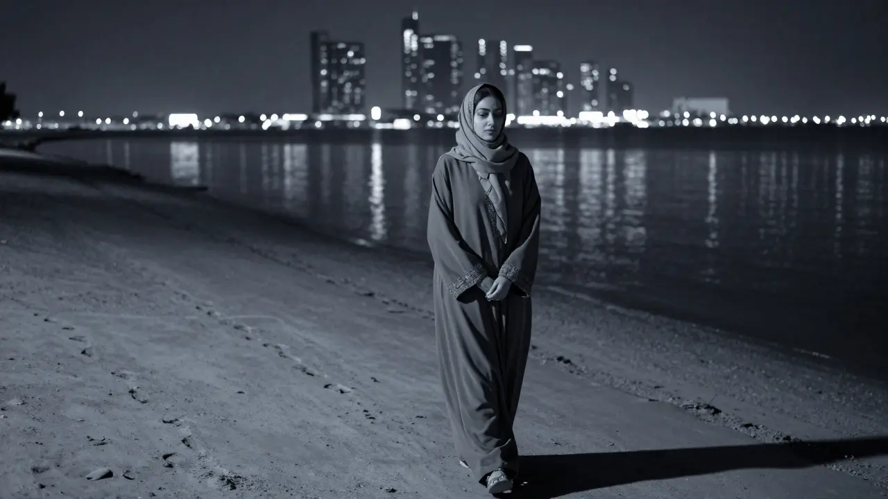 A woman walks alone along the Corniche at night, her silhouette framed by the city’s glowing skyline.