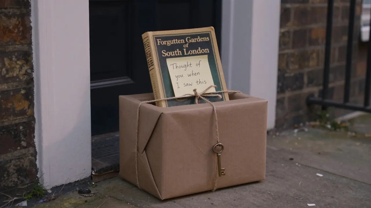 A wrapped box with a vintage book on a doorstep at dusk, tied with twine and a single key.