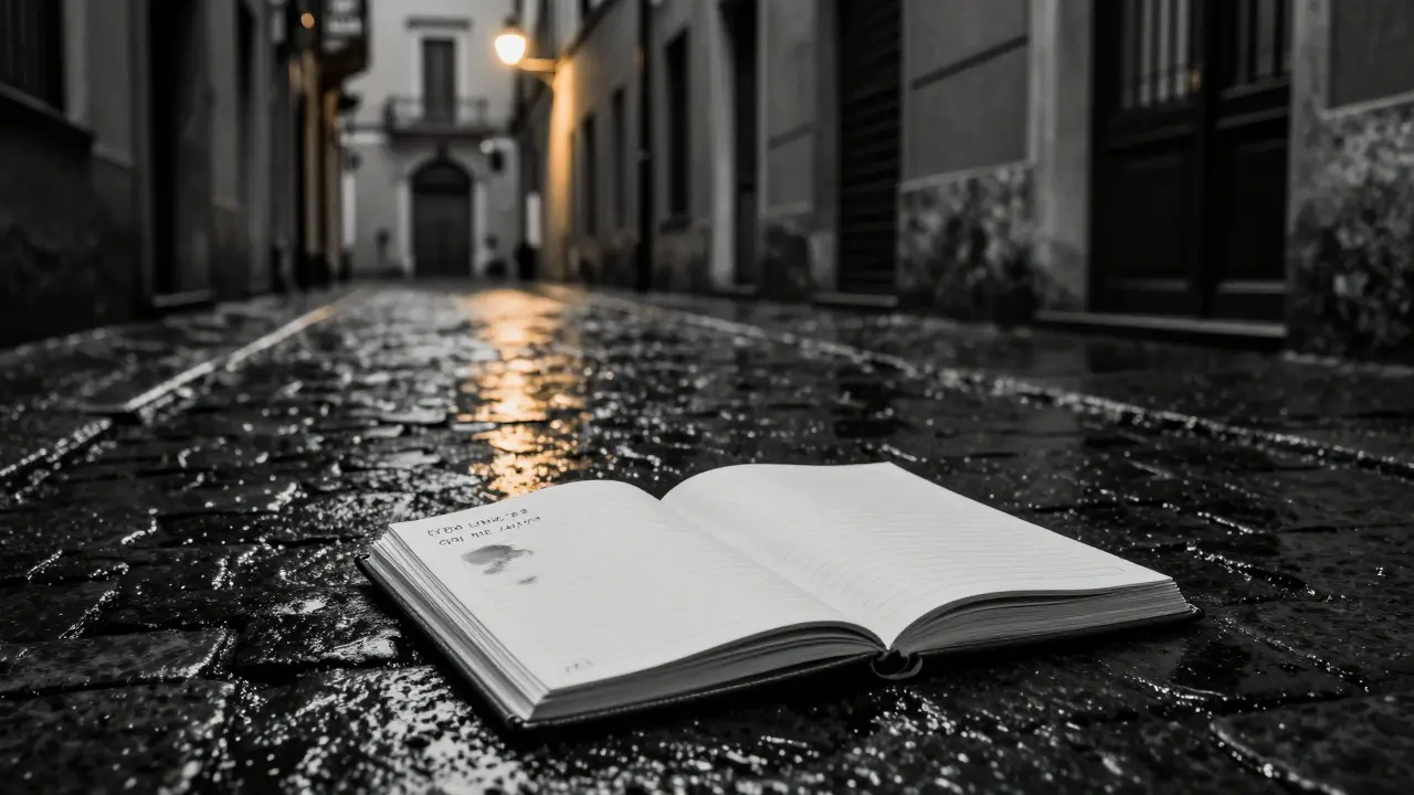 An abandoned notebook with a handwritten phone number in a rainy Milan alley, under a single streetlamp, evoking secrecy.