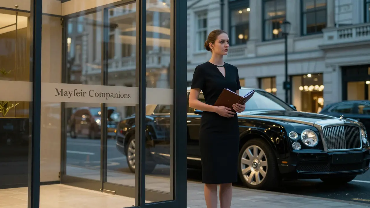 An elegant escort beside a luxury car in a Mayfair lobby, professional and discreet.