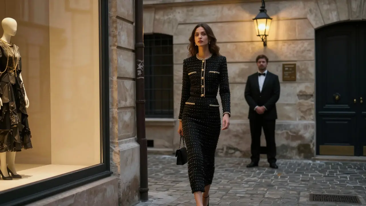 An elegantly dressed woman walking through a hidden Parisian courtyard under soft lantern light.