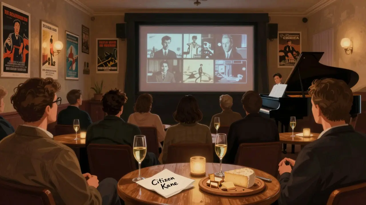 Audience at The Screen on the Green enjoying silent film with live piano and prosecco.