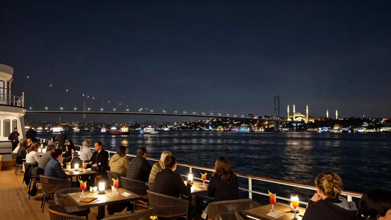Bosphorus cruise with live Turkish music and city lights.