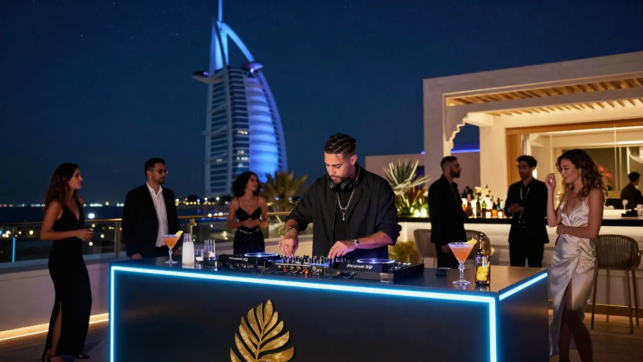 Celebrity DJ performing on luxury rooftop terrace