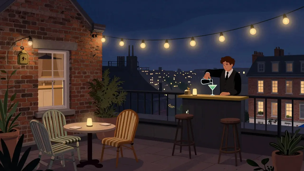 Cozy rooftop terrace with string lights, vintage chairs, and city views—locals sipping creative cocktails in a relaxed setting.