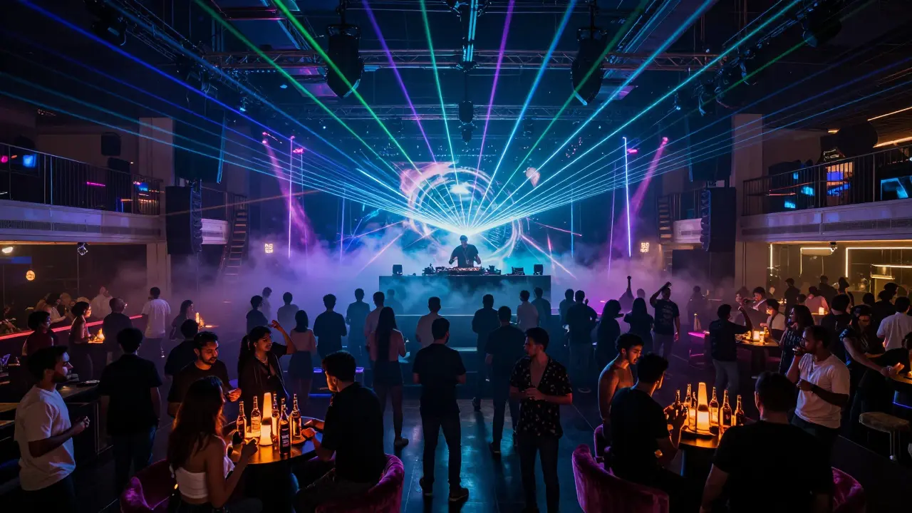 Crowd dancing under neon lasers and strobe lights in a massive Dubai nightclub with a DJ on stage.