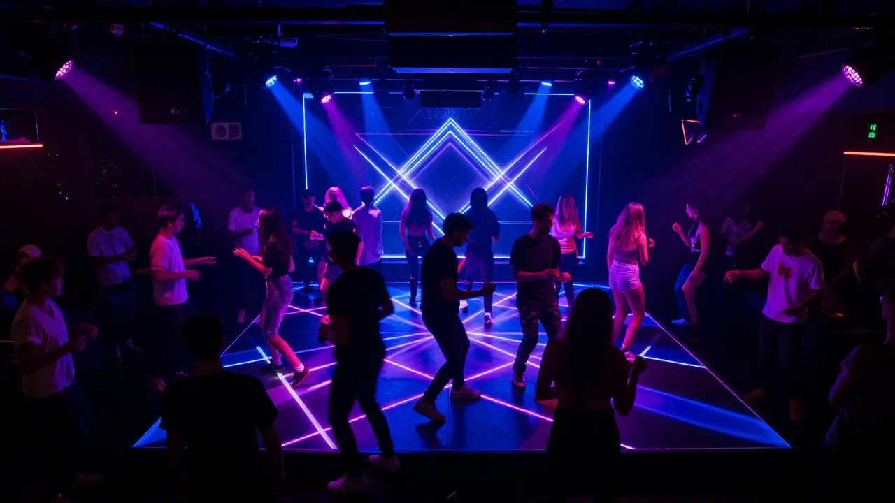 Dynamic nightclub scene with strobe lights and dancing crowd at Alcatraz.