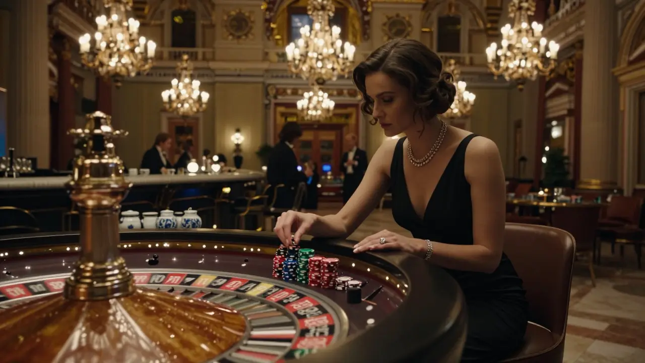 Elegant casino interior at midnight with a woman watching a roulette wheel spin under gilded chandeliers and marble floors.