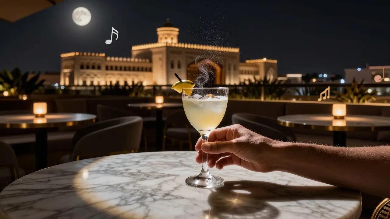 Elegant rooftop lounge with moonlit palace backdrop and a cocktail being enjoyed in quiet luxury.