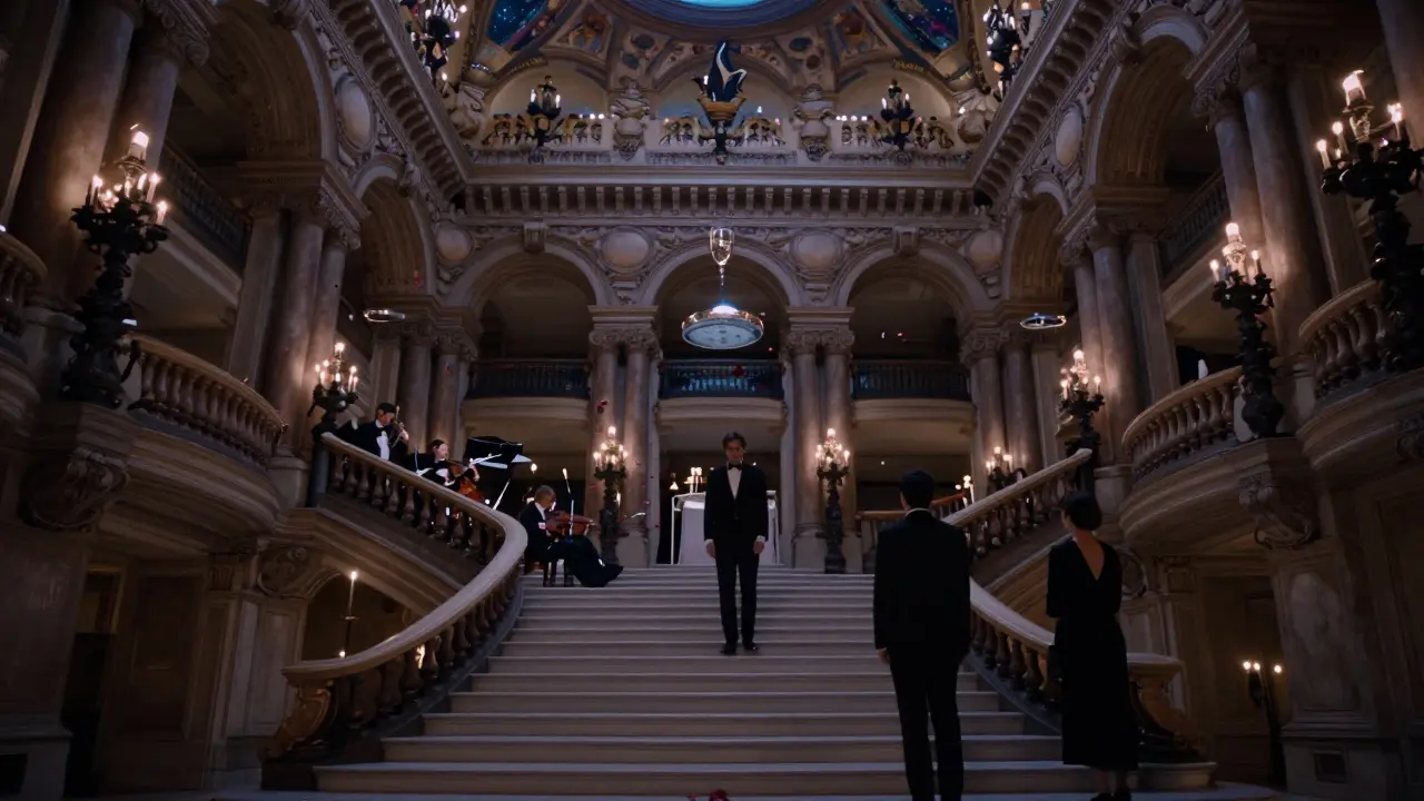 Grand staircase of Paris Opera House at night, string quartet playing under a star-painted ceiling.