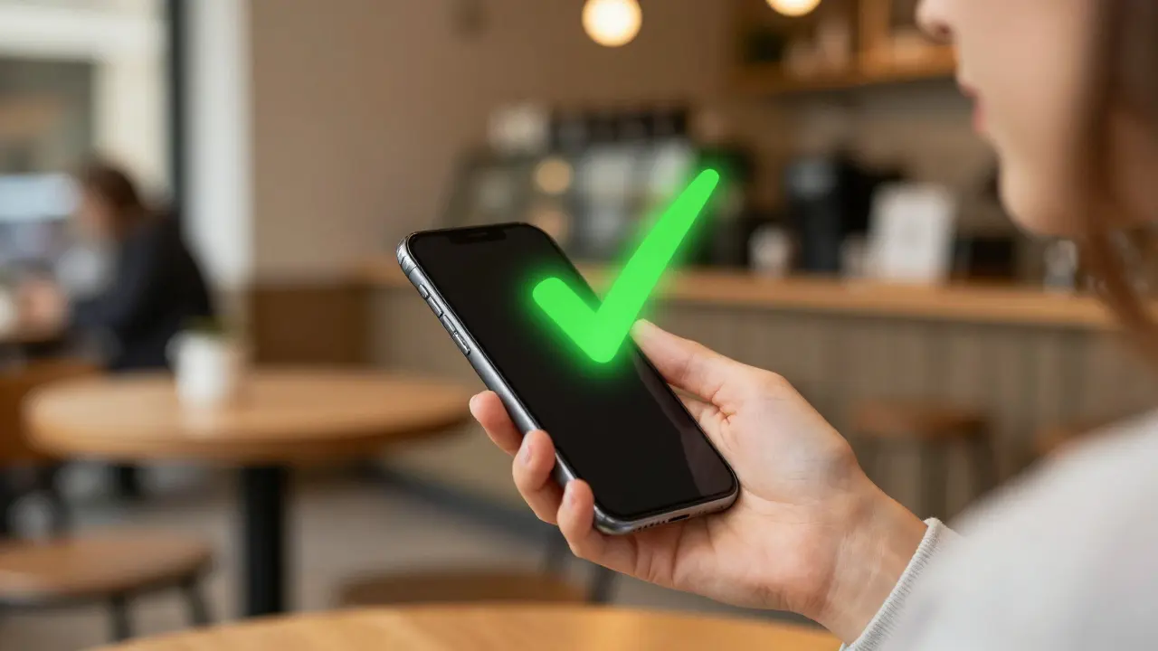 Hand holding smartphone with glowing checkmark symbol in café