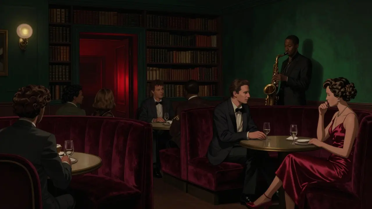 Hidden nightclub with velvet booths and dim lighting, patrons in elegant attire in quiet conversation.
