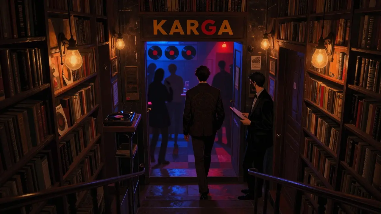 Hidden underground club with dim lighting, vinyl records, and silhouetted dancers in a bookstore basement.