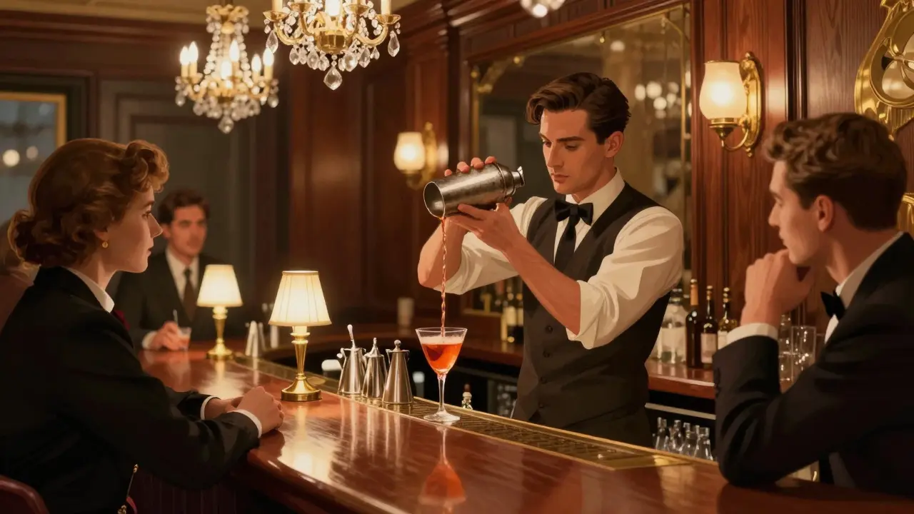 Historic cocktail bar with mahogany wood, brass fixtures, bartender mixing Bellini under warm lighting.