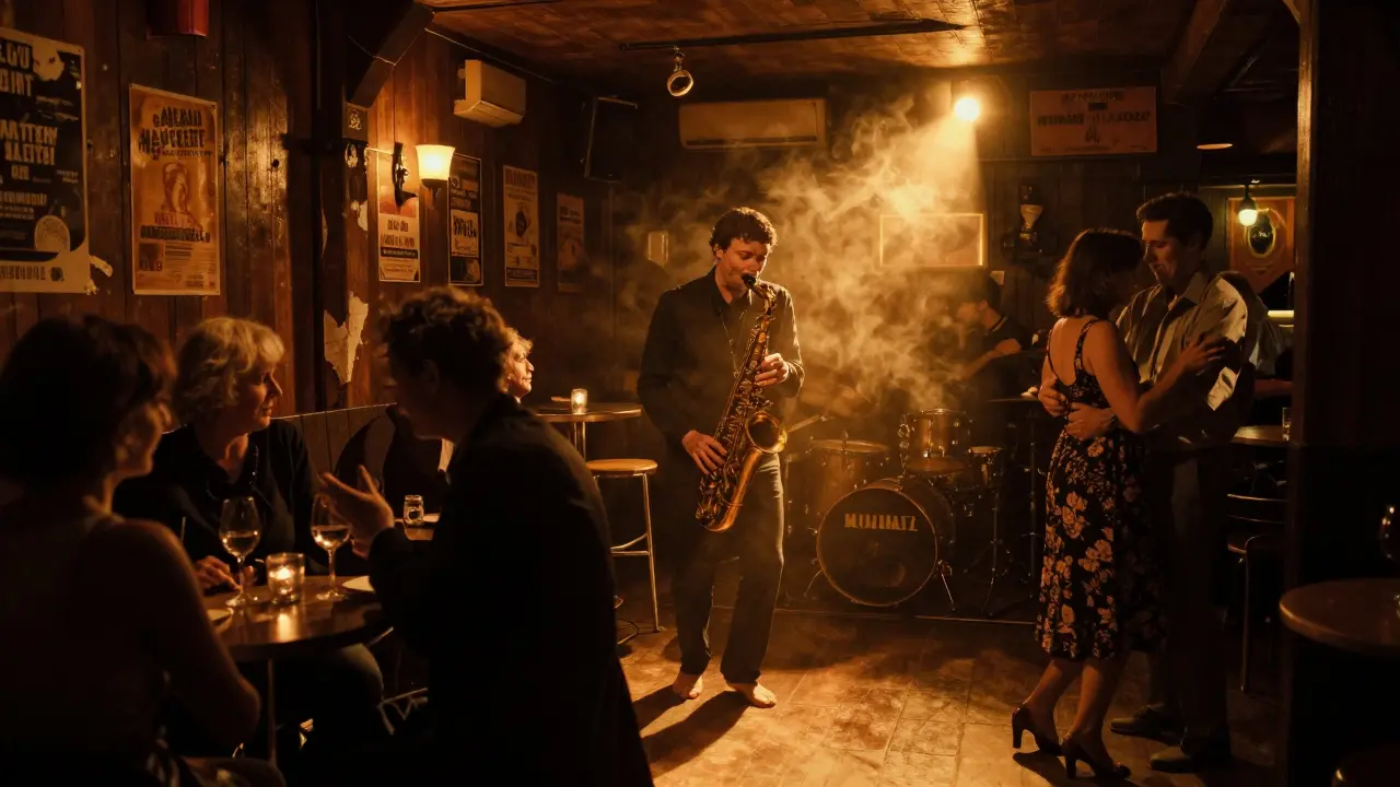 Jazz musicians playing in a dim cellar club with patrons dancing under golden light.