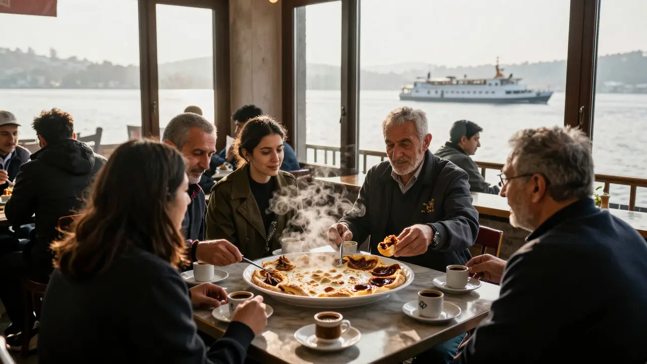 Locals sharing a breakfast meal at dawn in a cozy eatery as the first ferry leaves the harbor.