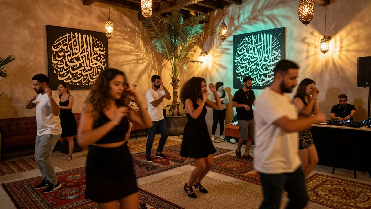 Modern club with calligraphy walls and guests dancing to Arabic house beats under palm lanterns.