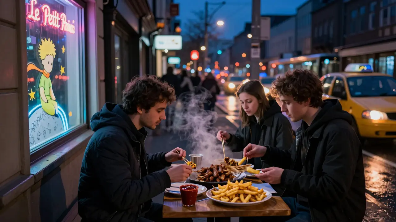 Night owls eating kebabs at a 24-hour street joint at 3 a.m. in Paris.