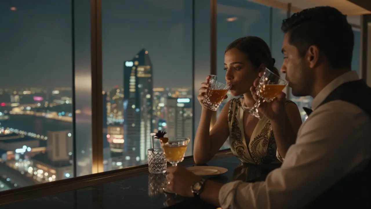 Panoramic city view from luxury hotel bar with elegant couple