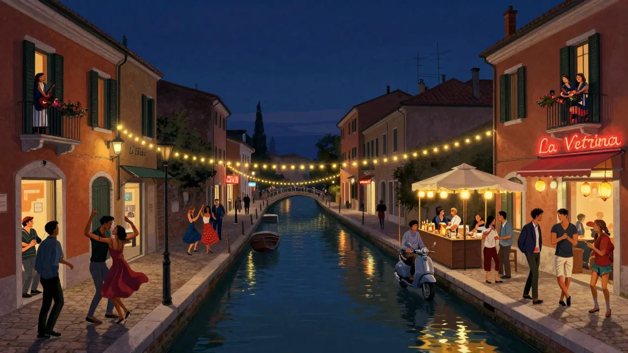People dancing along Navigli canal at night, string lights and open-air music spilling from bars.