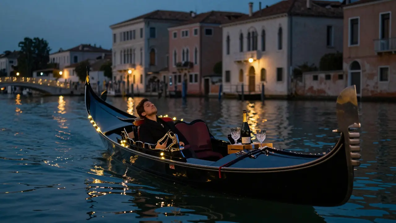 Private boat on Naviglio Grande at twilight with chilled wine and string lights reflecting on water, serene and intimate.