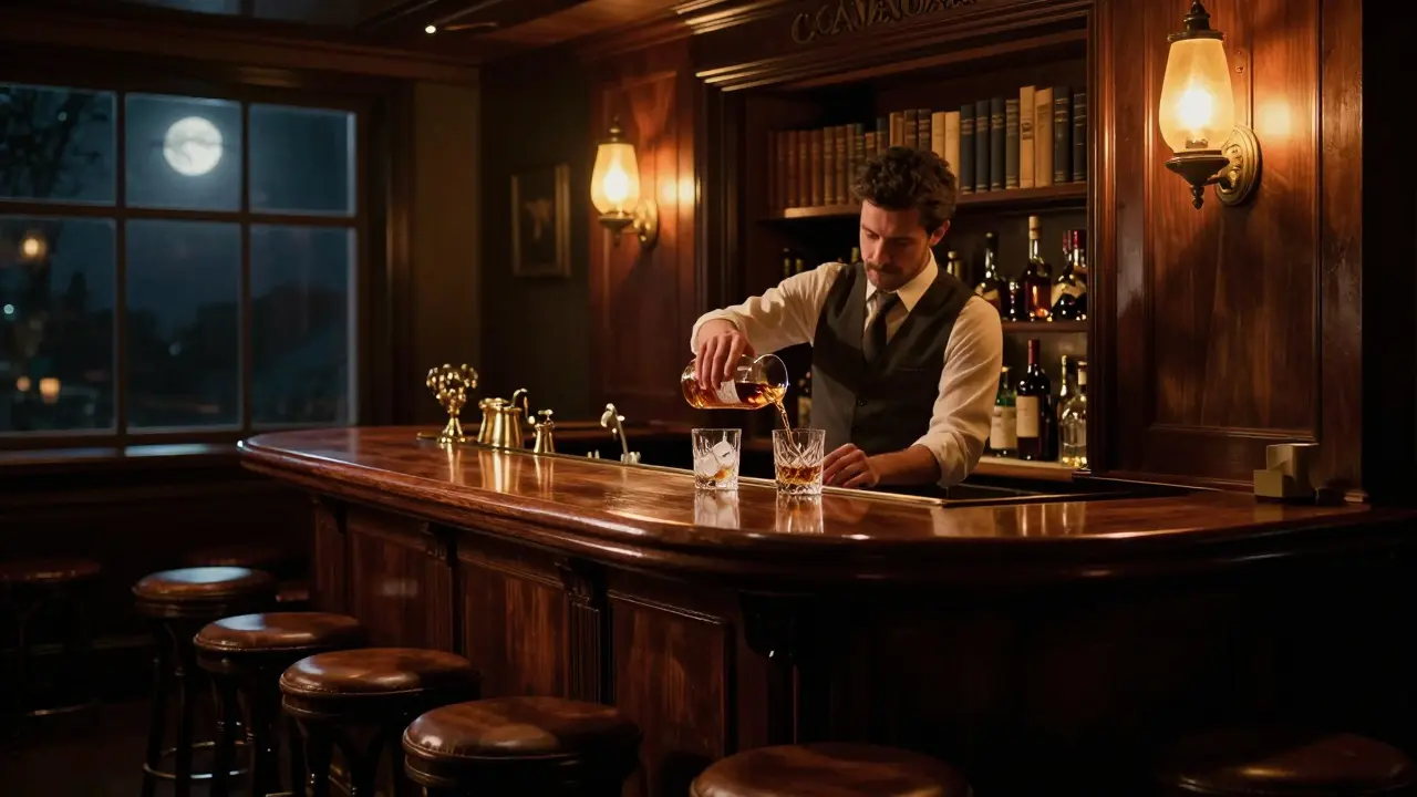 Secret speakeasy bar with a bartender pouring whiskey in dim amber light, hidden behind a bookshelf, no signs or decorations.