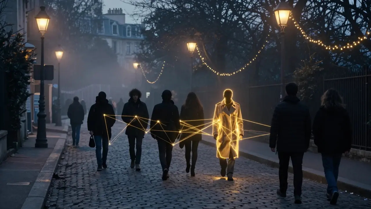 Silhouetted travelers walk a Parisian path beside a glowing companion, golden threads linking them, evoking emotional connection through the city at dusk.