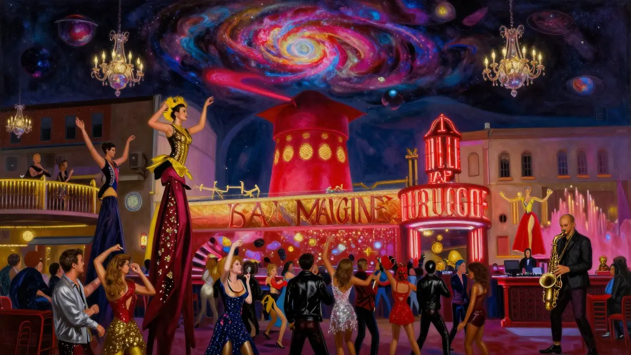 Theatrical club scene with dancers on stilts, galaxy ceiling projections, and live saxophonist under swirling lights.