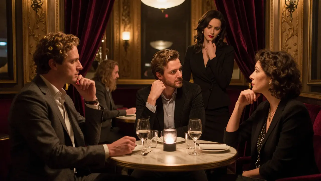 Three clients in a jazz club, each accompanied by a discreet companion in quiet, attentive moments.