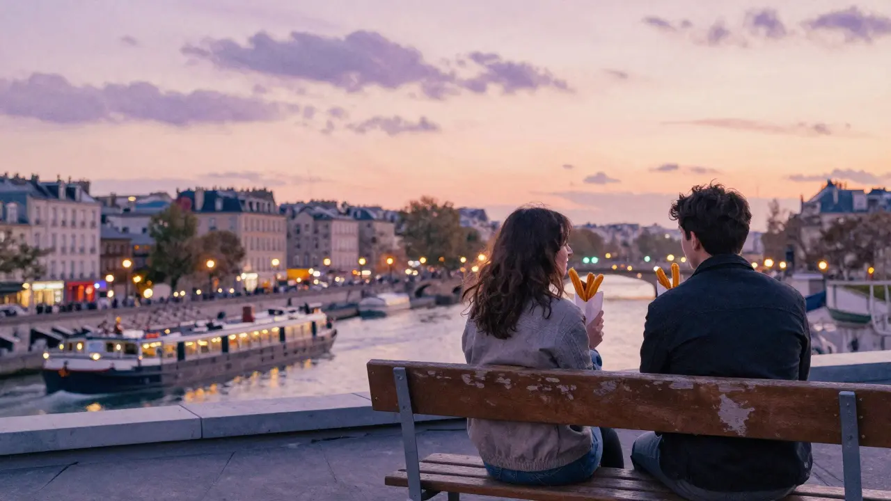 Two figures sit on a rooftop bench at twilight, sharing churros as the Canal Saint-Martin glows below.