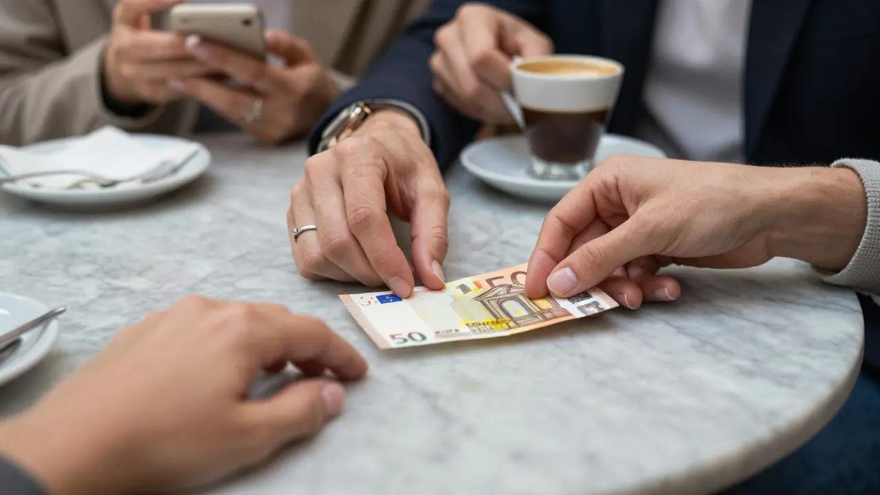 Two hands on a marble countertop—one placing money, the other leaving it untouched—symbolizing mutual respect in Milan.