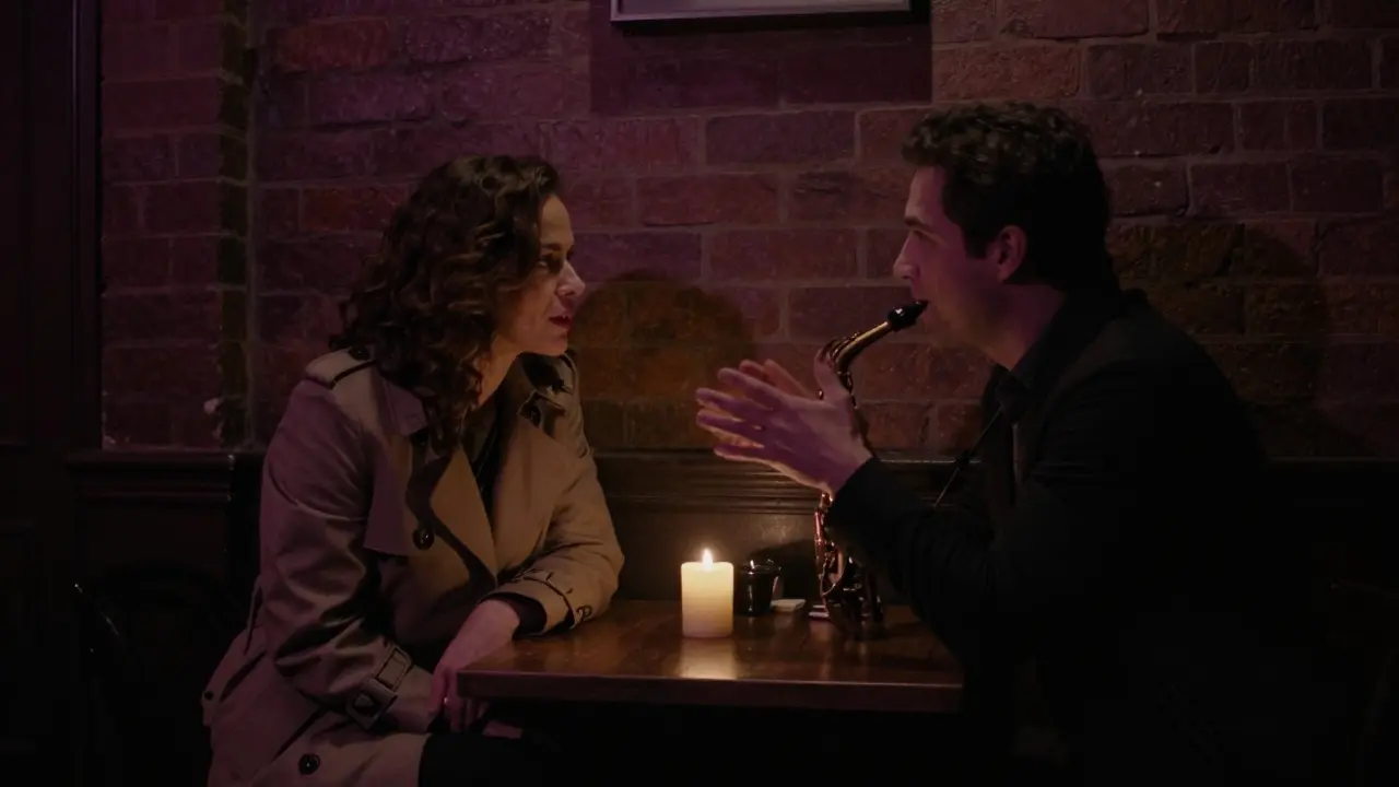 Two people in a Parisian jazz club, lit by candlelight, lost in a deep and intimate conversation.