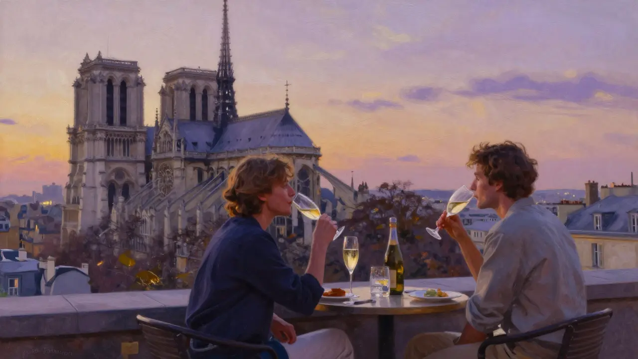Two people sip champagne on a rooftop at sunset, Notre-Dame in the distance, no phones, just calm connection and golden city lights.