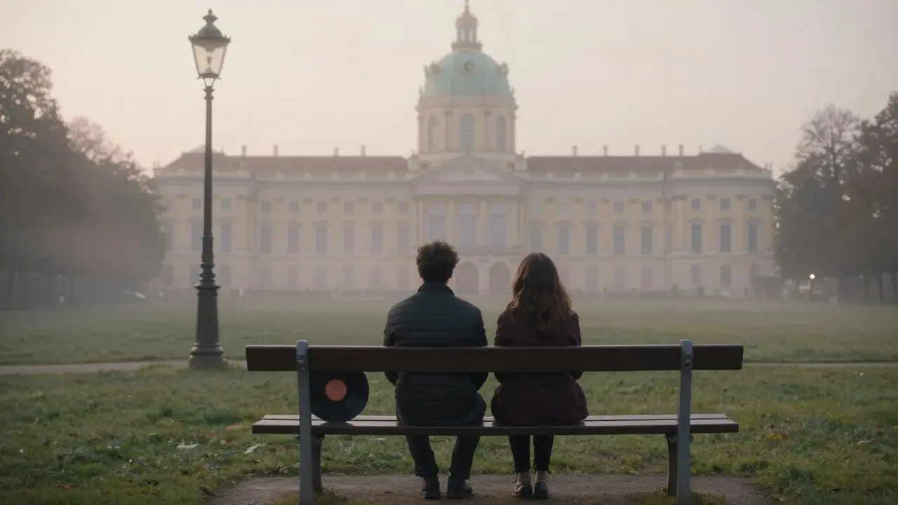 Two people sit quietly on a park bench in Berlin at dawn, a vinyl record between them.