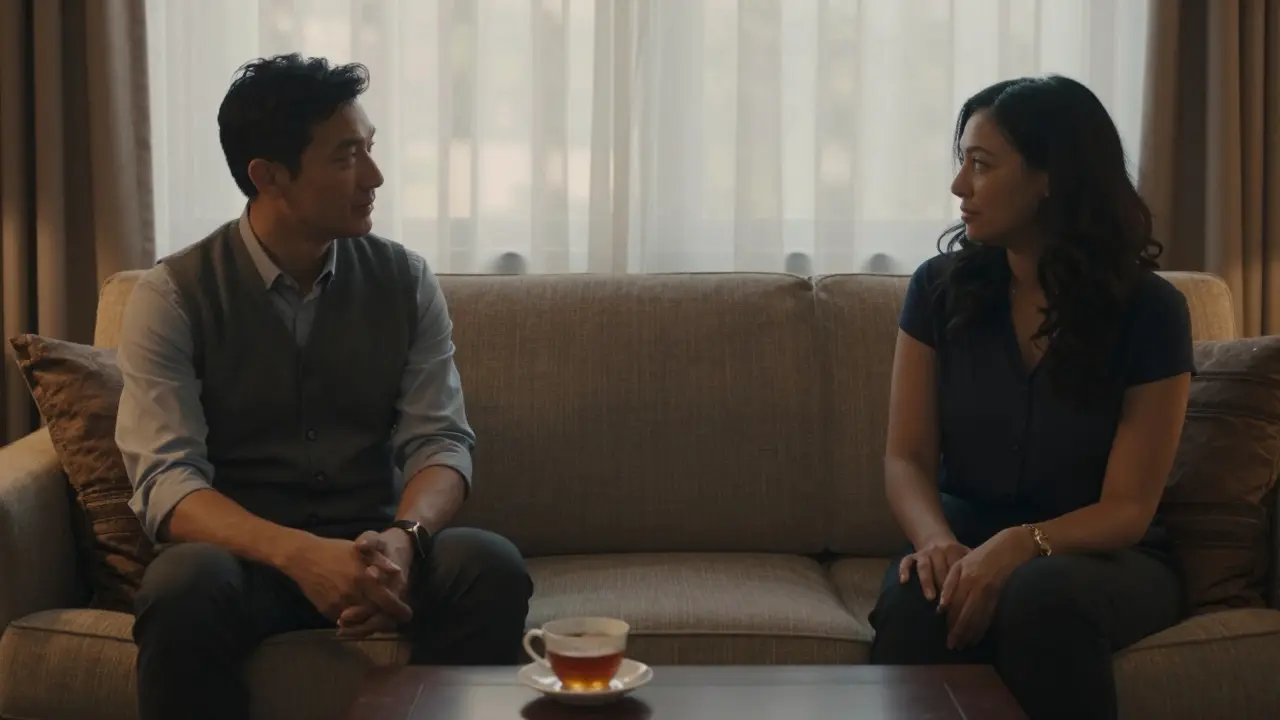 Two people sit quietly on a sofa in a hotel room, engaged in respectful conversation during an escort appointment.