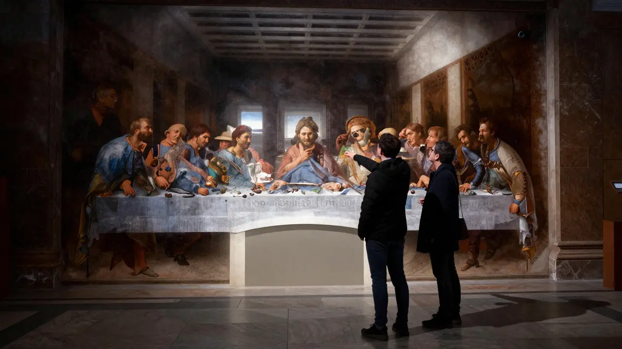 Two people standing in quiet awe before Caravaggio's 'Supper at Emmaus' in a dimly lit art gallery after hours.