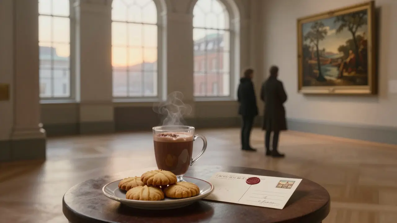 Two people viewing art in the empty National Gallery at dawn, with hot chocolate and a vintage postcard on a table nearby.