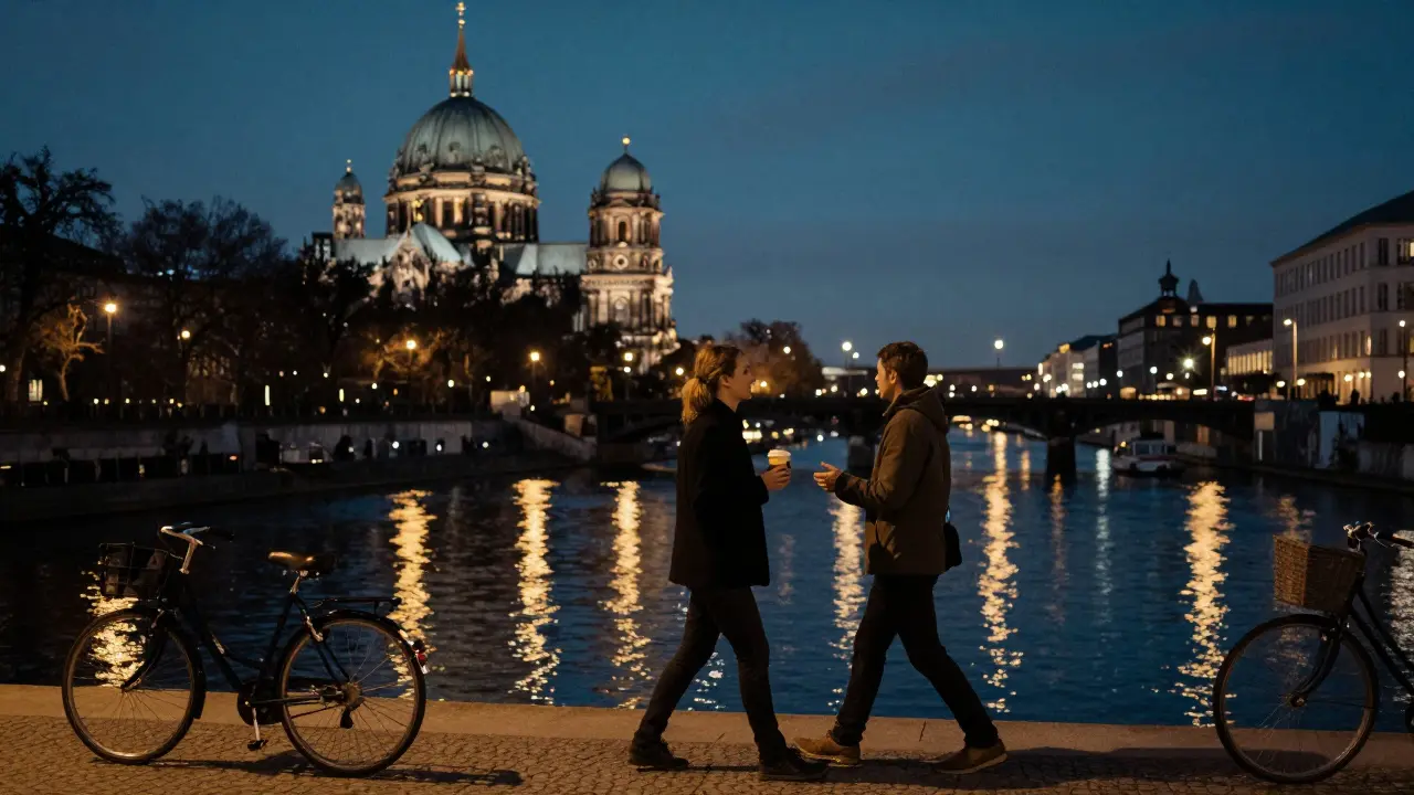 Two people walk side by side along the Spree River at night, city lights reflecting on the water.