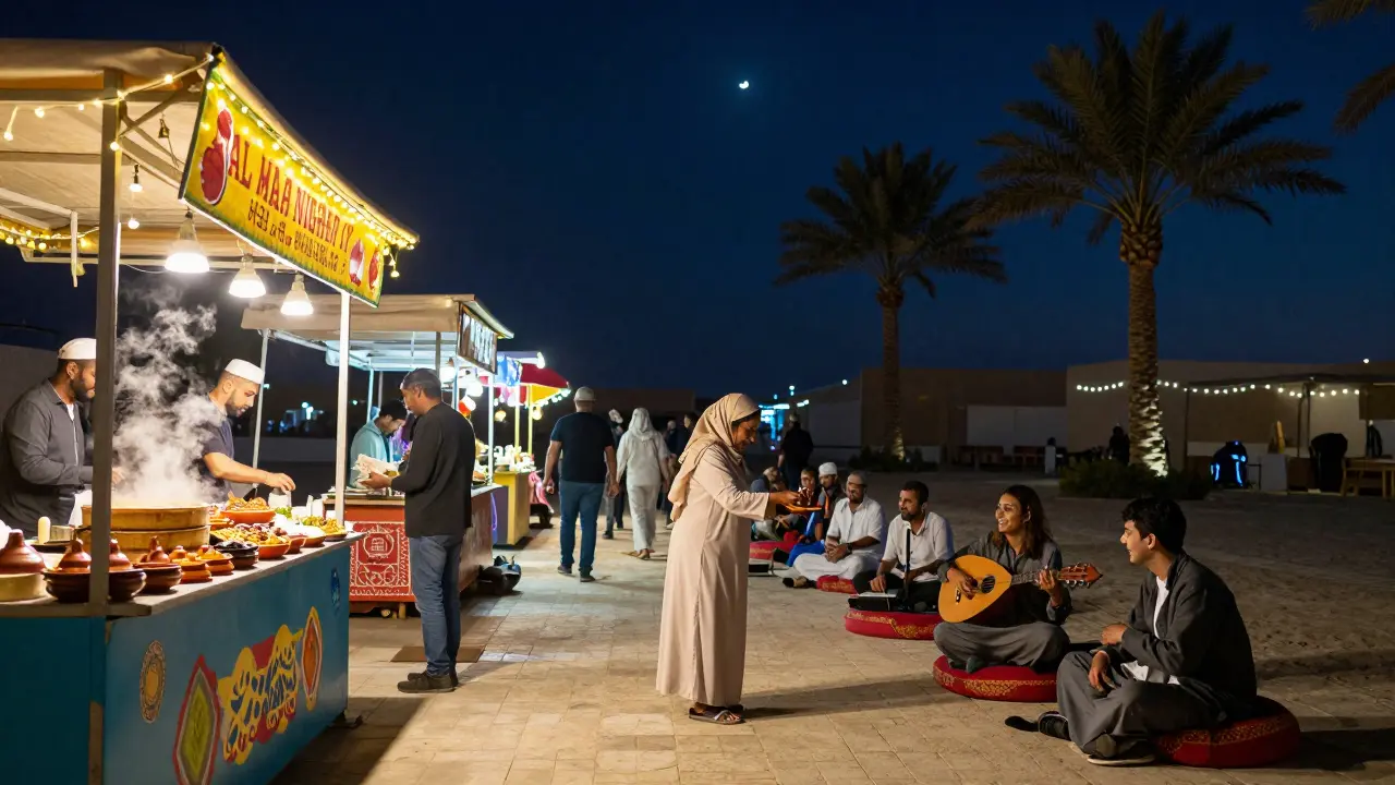 Vibrant night market with food stalls, live music, and people seated on cushions under string lights.