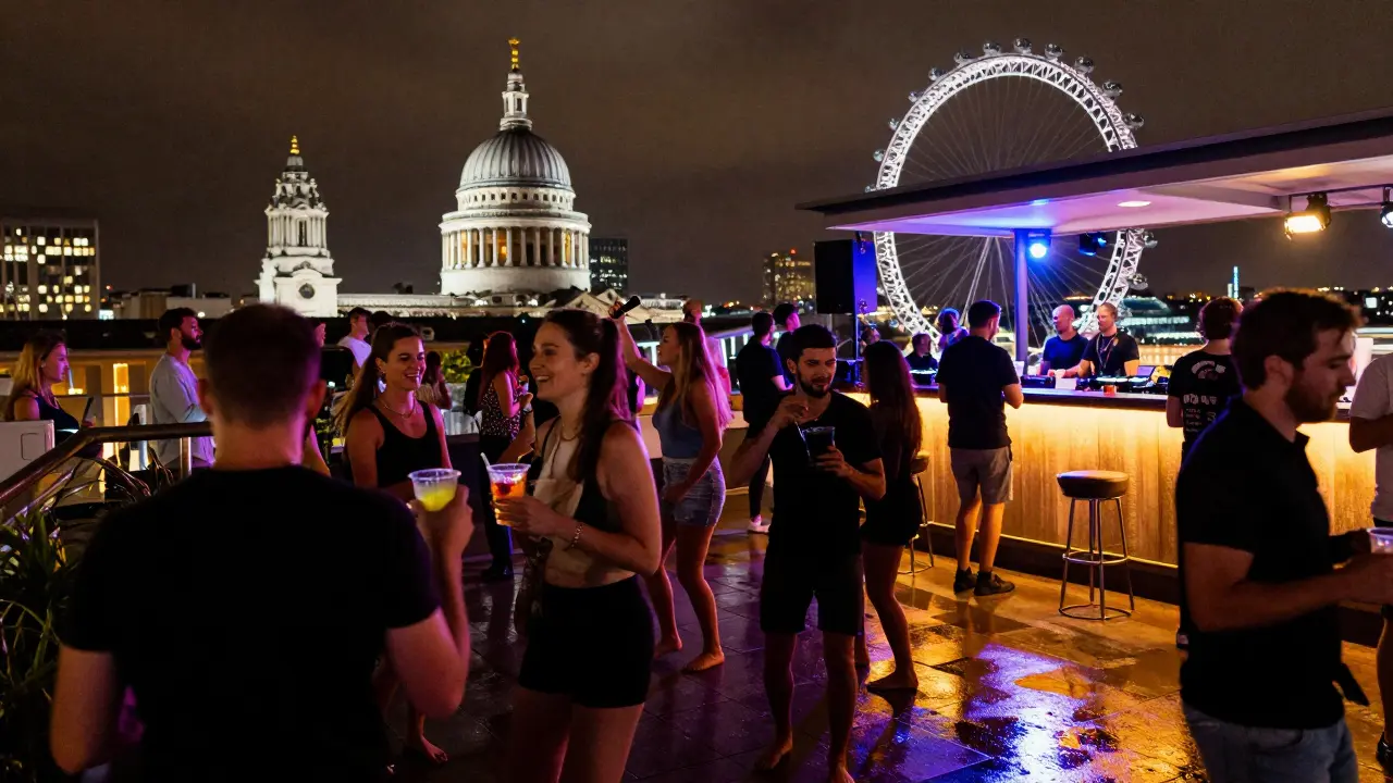 Vibrant rooftop party at night with neon cocktails, dancing crowd, and iconic London landmarks glowing in the distance.