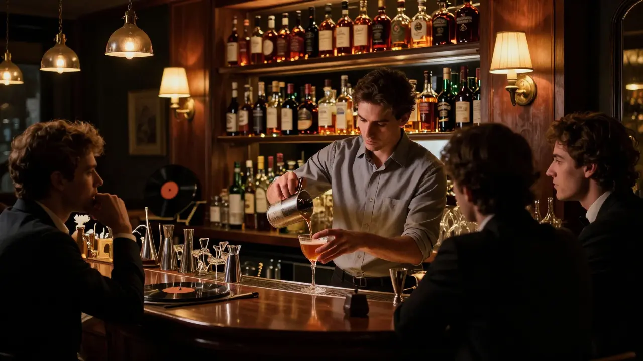 A bartender crafting a custom cocktail in the intimate, dimly lit Brera bar Alchimista, surrounded by quiet patrons.