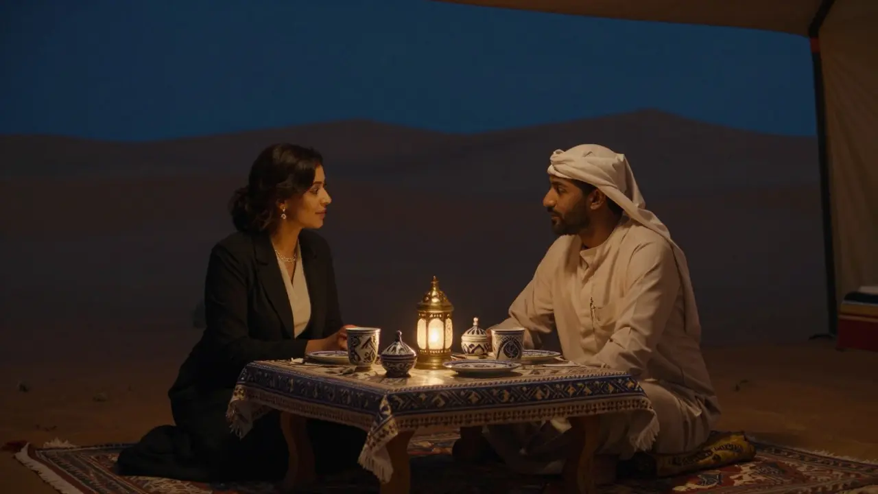 A client and companion sharing a quiet desert dinner under lantern light, engaged in thoughtful conversation without physical intimacy.