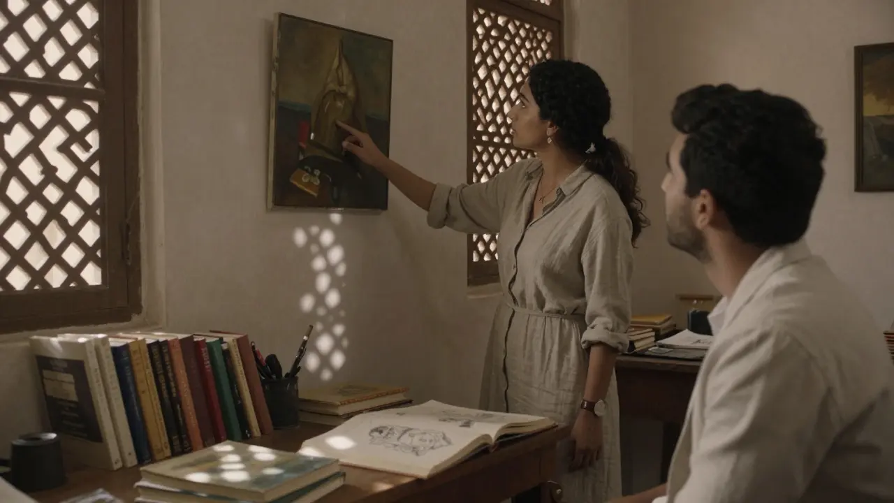 A companion and client viewing a hidden artwork in a historic Dubai studio, bathed in soft sunlight.
