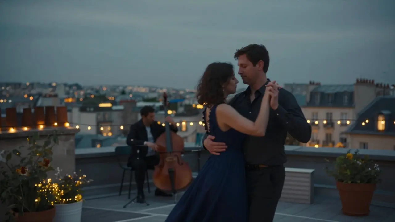 A couple dancing softly on a rooftop garden under fairy lights at twilight.