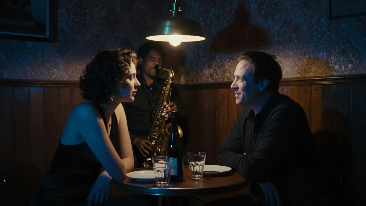 A couple in a dim jazz club in Le Marais, listening to live music with warm lamplight and shadowed elegance.