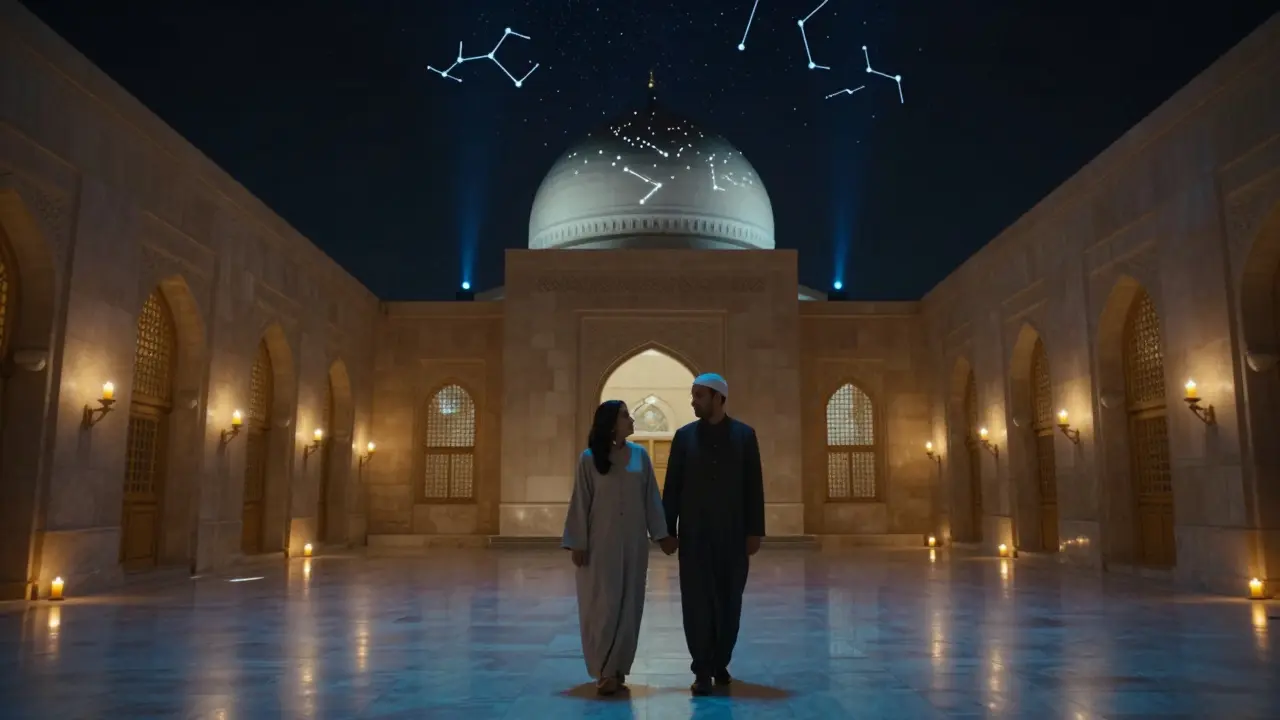 A couple walking through the lit grand halls of Qasr Al Watan under a star-projected dome at night.